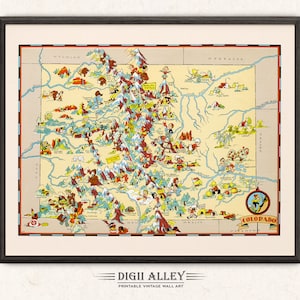 Carte amusante de l'État du Colorado - téléchargement numérique, vintage, imprimable, image ancienne, illustration, aventure, art mural, décoration, dessin animé, cadeau