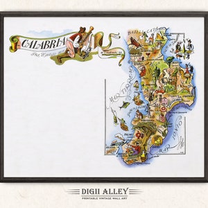 Zabawna mapa Włoch, Kalabria – cyfrowa wersja do pobrania DO DRUKU Vintage, stara ilustracja, włoska sztuka ścienna, prezent, mapa przygód podróżnych