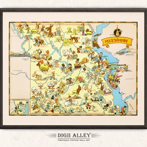 Carte amusante de l'État du Missouri - téléchargement numérique, vintage, imprimable, image ancienne, illustration, aventure, art mural, décoration, dessin animé, cadeau