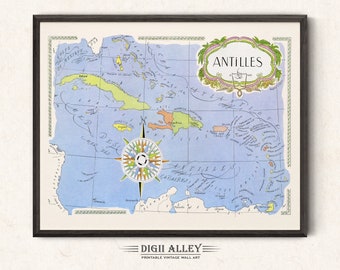 Fun Map of Antilles in the Caribbean – Digital Download PRINTABLE Vintage Wall Art Décor Whimsical Cartoon Illustration 1940’s by Liozu