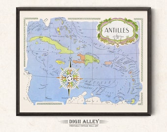 Fun Map of Antilles in the Caribbean – Digital Download PRINTABLE Vintage Wall Art Décor Whimsical Cartoon Illustration Adventure