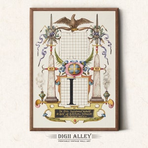Letra I - Alfabeto caligráfico - Descarga digital imprimible, ilustración mágica de letras ABC iluminadas vintage del siglo XVI. Arte mural con letras ABC.