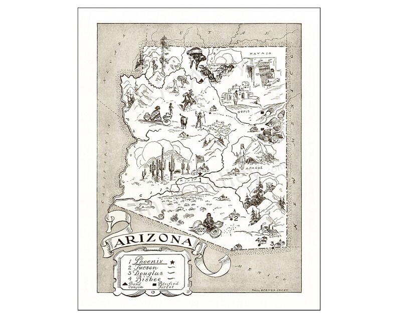 Pictorial State Map of Arizona Digital Download PRINTABLE Vintage Fun ...
