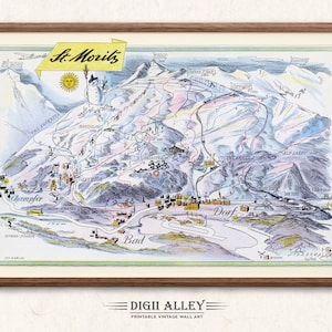 Fun Ski Loipe Karte von St. Moritz in der Schweiz - Digital Download DRUCKBARE Vintage bildliche Illustration Schweizer Alpen Ski Run