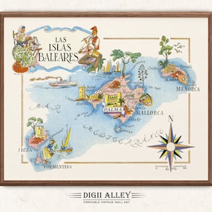 Puede incluir: Impresión de mapa vintage de las Islas Baleares, con Mallorca, Menorca, Ibiza y Formentera. El mapa enmarcado en madera presenta ilustraciones de figuras locales, barcos y puntos de referencia. El texto "Las Islas Baleares" está en la parte superior.