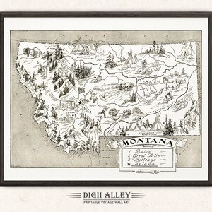 Pictorial State Map of Montana – Digital Download PRINTABLE Vintage Fun Old Wall Art Décor Whimsical Cartoon Illustration
