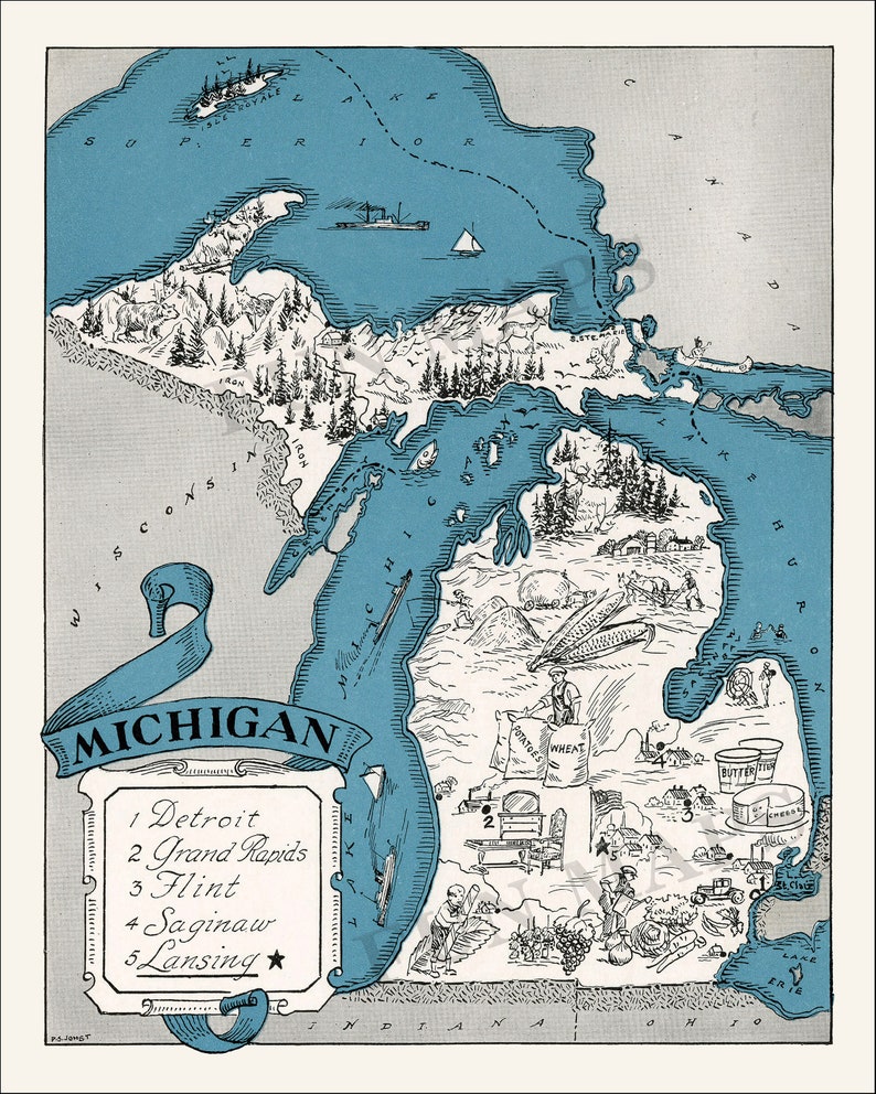 Pictorial Map of Michigan – Digital Download PRINTABLE Vintage Fun Old ...