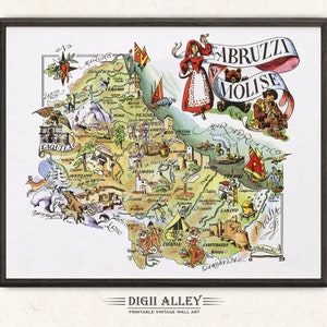イタリアの楽しい地図 アンブルッツィ・モリーゼ – デジタルダウンロード 印刷可能 ヴィンテージ 絵入り 古いイラスト イタリアの壁アート ギフト 旅行 冒険地図
