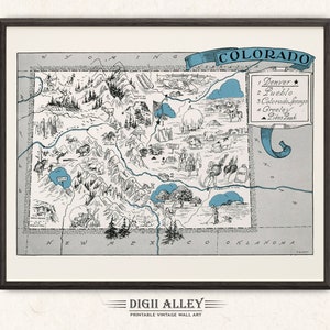 Pictorial Map of Colorado – Digital Download PRINTABLE Vintage Fun Old Wall Art Décor Whimsical Cartoon Illustration Gift