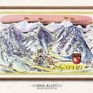 Fun Ski Loipe Karte von Gstaad in der Schweiz - digitaler Download DRUCKBARE Vintage bildliche Illustration Schweizer Alpen Reisen Ski Run