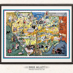 Divertente mappa dello stato dell'Illinois e dell'Indiana - Download digitale STAMPABILE Vintage Pictorial Old Illustration Adventure Wall Art Décor