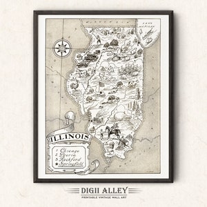 Bildhafte Zustand Karte von Illinois - digitaler Download DRUCKBARE Vintage Spaß alte Wand Kunst Dekor skurrile Cartoon Illustration