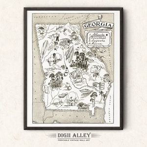 Bildhafte Zustand Karte von Georgia - digitaler Download DRUCKBARE Vintage Spaß alte Wand-Kunst-Dekor-wunderliche Karikatur-Illustration