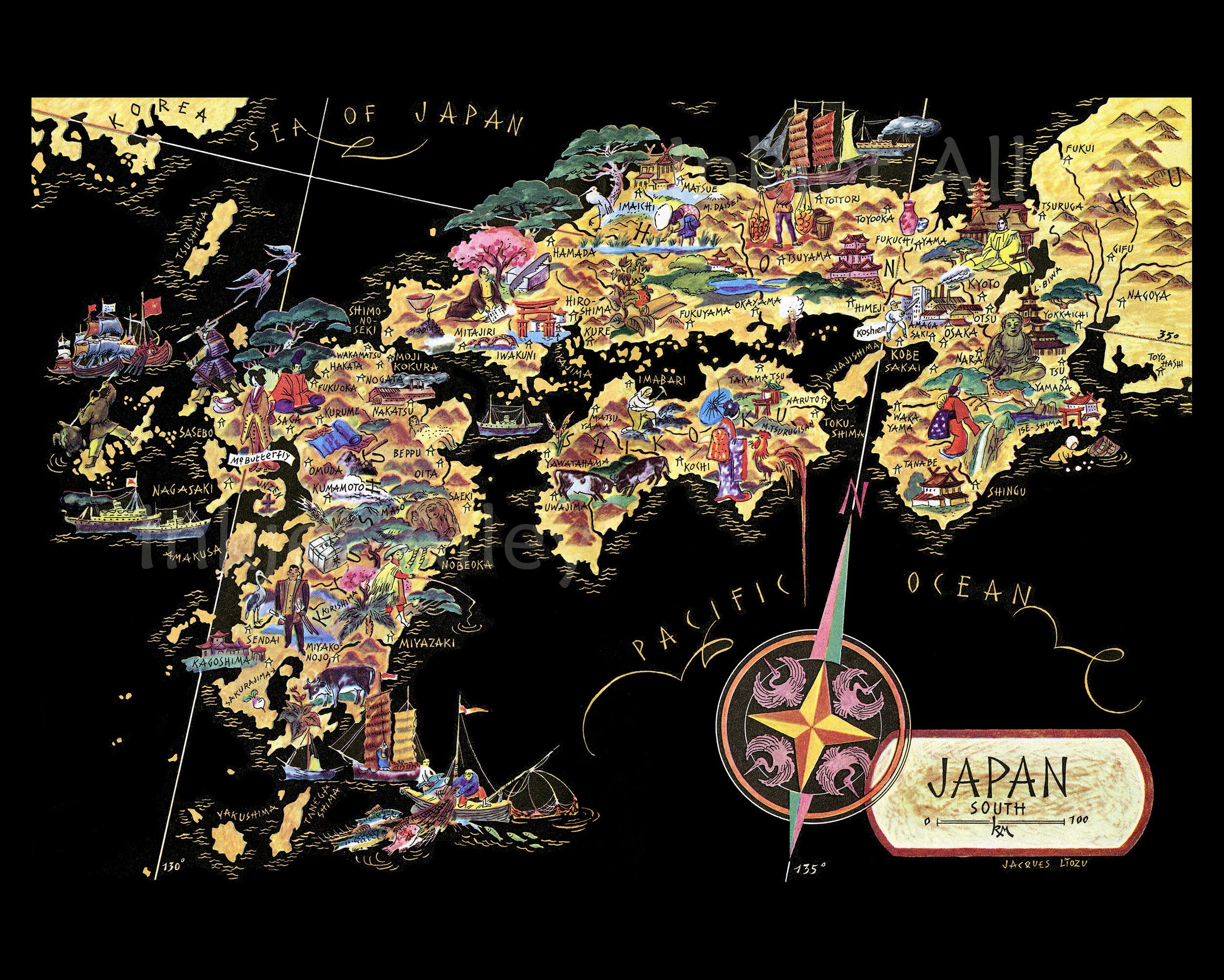Japan Map Fun Fun Map of South Japan - East Asia Digital Download PRINTABLE Vintage ...