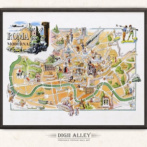 Mapa divertido de Italia, Roma, Roma Moderna: descarga digital, ilustración antigua, pictórica, para imprimir, arte mural italiano, regalo, mapa de viajes y aventuras