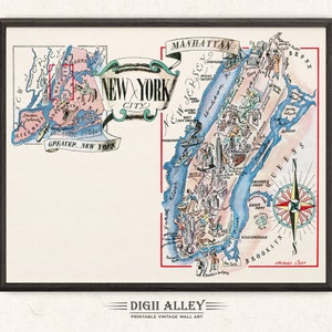 Lustige Karte von New York City the Big Apple - Digital Download DRUCKBARE Vintage Wand Kunst Dekor Wunderliche Cartoon Illustration Abenteuer