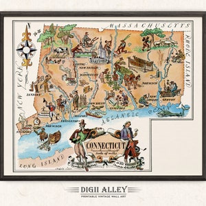 Carte amusante de l'état du Connecticut - décoration murale picturale vintage imprimable imprimable en téléchargement numérique Illustration de dessin animé lunatique