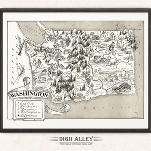 Carte illustrée de l'État de Washington - Téléchargement numérique imprimable vintage amusant vieux mur art déco lunatique illustration de dessin animé