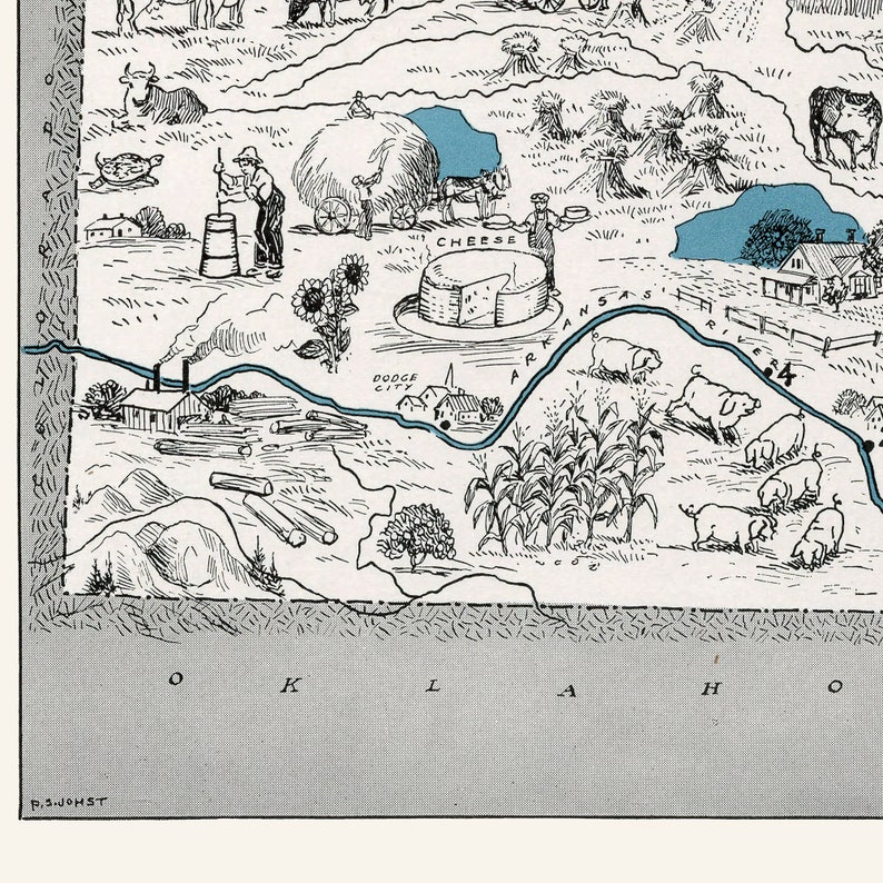 Pictorial Map of Kansas Digital Download PRINTABLE Vintage - Etsy