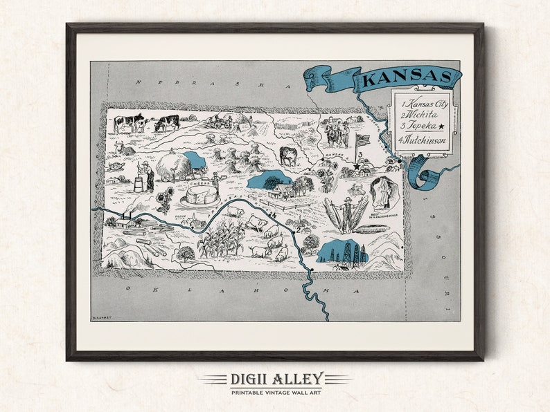 Pictorial Map of Kansas Digital Download PRINTABLE Vintage - Etsy