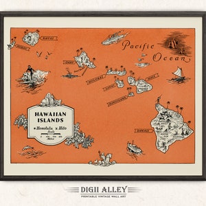 Karte von Hawaii-Inseln - digitaler Download DRUCKBARE Spaß Vintage Bildhafte alte Illustration Wandkunst Tropischer Strand Pazifikinsel