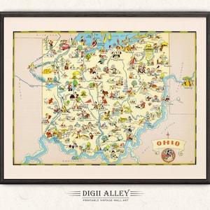オハイオ州の楽しい州地図 - デジタルダウンロード印刷可能ヴィンテージ絵画古いイラストアドベンチャー壁アート装飾漫画ギフト