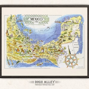 Divertente mappa del Messico meridionale, America centrale, download digitale STAMPABILE, decorazione da parete vintage, illustrazione di cartoni animati stravaganti, avventura