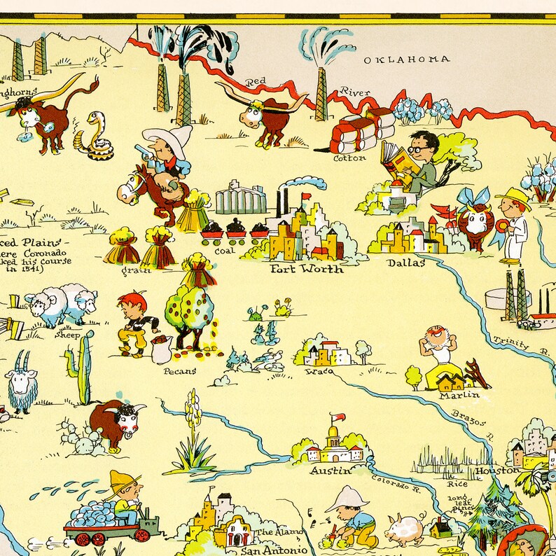 Fun State Map of Texas Digital Download PRINTABLE Vintage Pictorial Old ...