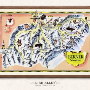 Berner Oberland (Schweiz) - Ski-Wanderkarte - Vintage bildliche Illustration Schweizer Alpen zum Downloaden