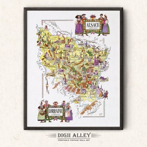 Lustige Karte des Elsass, eine französische Provinz, Frankreich - Digitaler Download DRUCKBARE Vintage bildliche Illustration Abenteuer Wand Kunst Dekor Geschenk