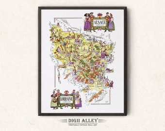 Fun Map of Alsace a French Province, France – Digital Download PRINTABLE Vintage Pictorial Illustration 1940’s by Liozu Wall Art Décor Gift