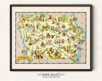 Fun State Map of Iowa – Digital Download PRINTABLE Vintage Pictorial Old Illustration 1930’s by Ruth Taylor Wall Art Décor Cartoon Gift