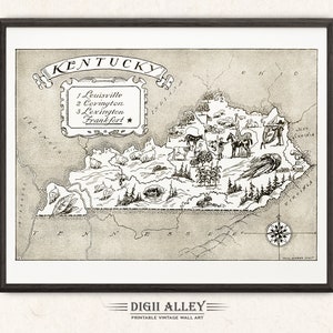 Geïllustreerde staatskaart van Kentucky – digitale download AFDRUKBARE vintage leuke oude muurkunst decor grillige cartoon afbeelding
