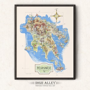 Lustige Karte der griechischen Inseln Peloponnes - digitaler Download DRUCKBARE Vintage bildliche Illustration Wand Kunst Dekor Reise Abenteuer Karte