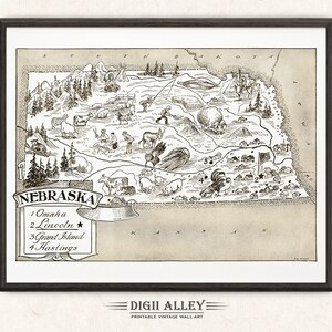 Carte illustrée de l'État du Nebraska - Décoration vintage amusante, vintage, imprimable, art mural, Illustration de dessin animé lunatique