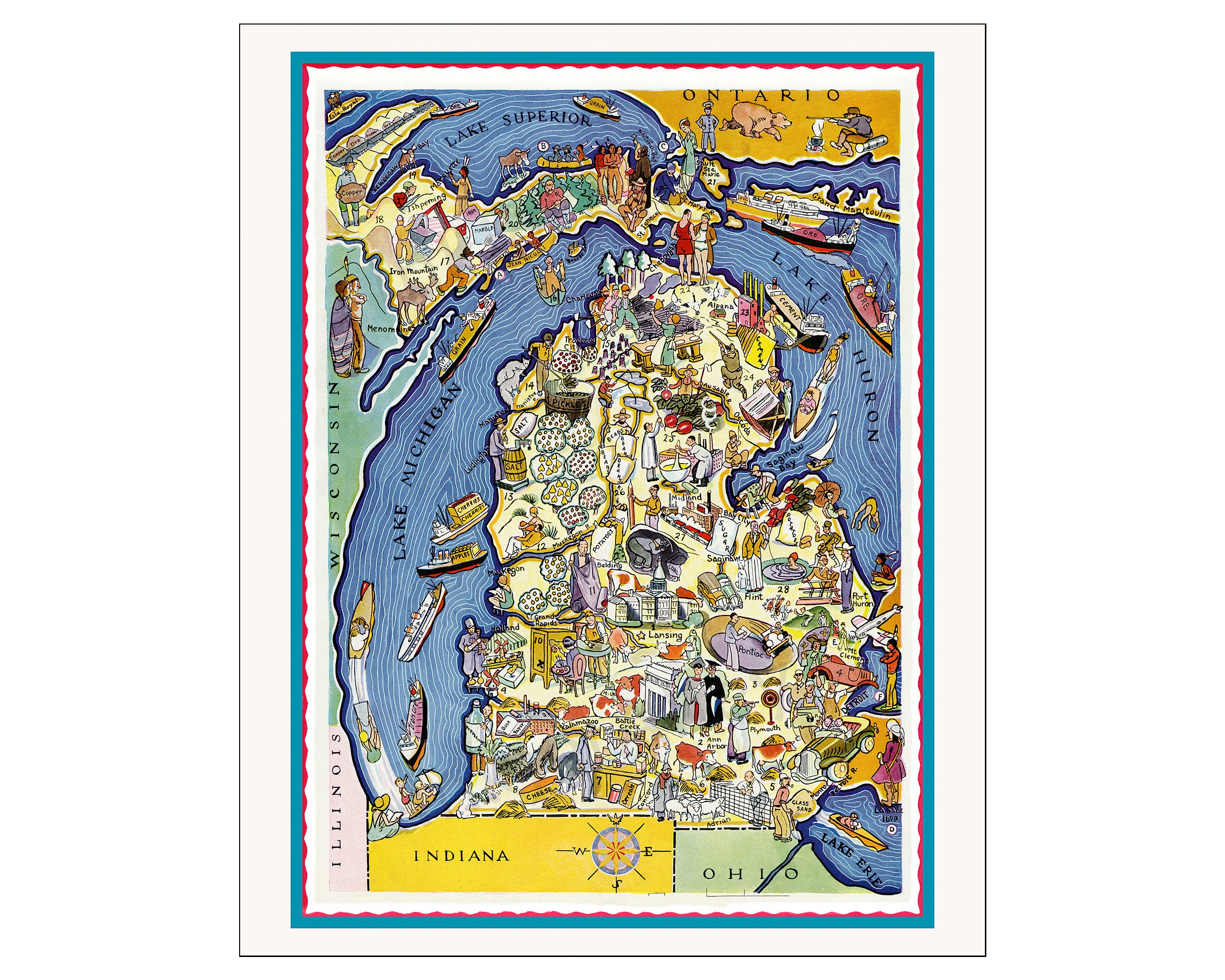 Fun State Map of Michigan – Digital Download PRINTABLE Vintage ...