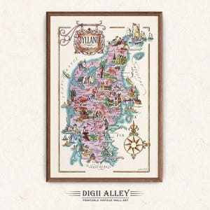 May include: A framed vintage map of Jylland, Denmark, in a colourful, illustrative style. The map features detailed drawings of landmarks, ships, and a compass rose. The frame is a dark brown colour. The text "DIGII ALLEY" is at the bottom.