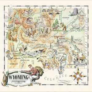 Fun State Map of Wyoming – Digital Download PRINTABLE Vintage Pictorial ...