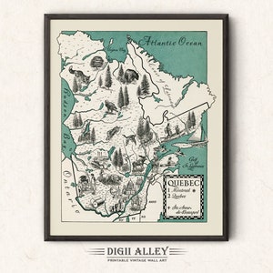 Carte du Québec, Canada - Téléchargement numérique imprimable Art mural pictural vintage amusant, décoration lunatique Illustration cadeau voyage