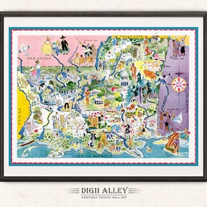 Leuke staatskaart van Louisiana en Mississippi – digitale download AFDRUKBARE vintage picturale oude illustratie avontuur kunst aan de muur cadeau