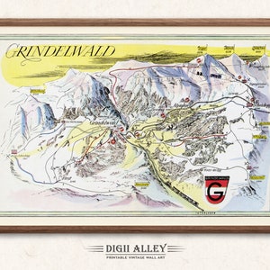 Fun Ski Loipe Karte von Grindelwald in der Schweiz - Digital Download DRUCKBARE Vintage bildliche Illustration Schweizer Alpen Ski Rune