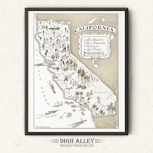 Carte illustrée de l'État de la Californie - Téléchargement numérique imprimable vintage amusant vieux mur art déco lunatique illustration de dessin animé