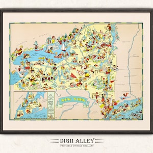 Fun State Map of New York – Digital Download PRINTABLE Vintage Pictorial Old Illustration Adventure Wall Art Décor Cartoon Gift
