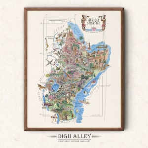 Mapa divertido de África Oriental: descarga digital, imprimible, ilustración pictórica vintage, arte mural africano, regalo, mapa de aventuras de viaje.