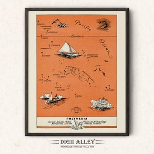 Mapa de Polinesia, Islas Polinesias – Descarga digital IMPRIMIBLE, Divertida ilustración pictórica vintage, Arte mural, Playa tropical