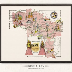 Zabawna mapa Hainaut, Belgia – cyfrowe pobieranie DO DRUKU Vintage Wall Art Décor Fantazyjna ilustracja z kreskówek Przygoda