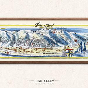 Ski Weg Karte von Davos in der Schweiz - Digital Download DRUCKBARE Vintage bildliche Illustration Schweizer Alpen Wandkunst