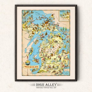 Mapa divertido del estado de Michigan: descarga digital, imprimible, ilustración pictórica vintage, arte mural de aventura, decoración, regalo de dibujos animados.