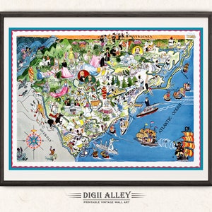 Carte amusante de l'État de la Caroline du Nord et du Sud - Décoration murale d'art mural aventure en téléchargement numérique, imprimable, vintage