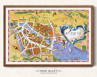Fun Street Map of Basel in Switzerland - Vintage Pictorial